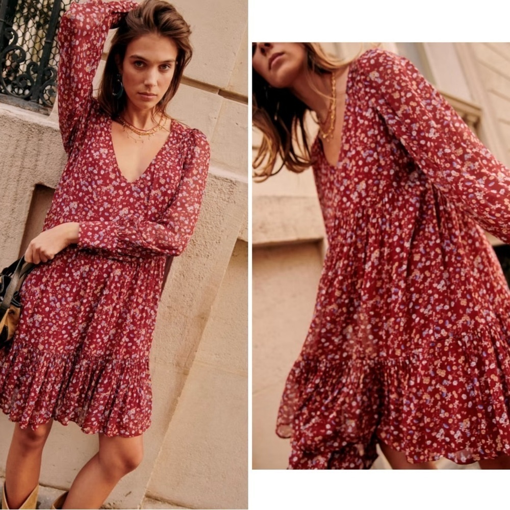 Sézane Aurena Floral Dress in Fluers Bordeaux 🌹 XS